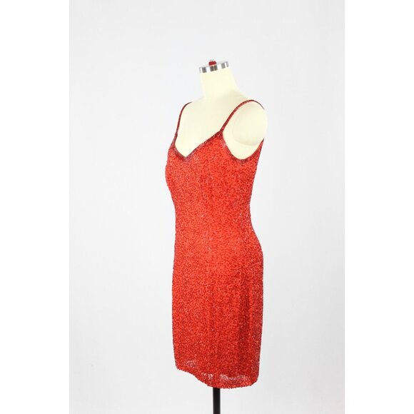 Vintage 90's OLEG CASSINI BLACK TIE Red Silk Beaded Mini Cocktail Dress, Size XS - Picture 4 of 15
